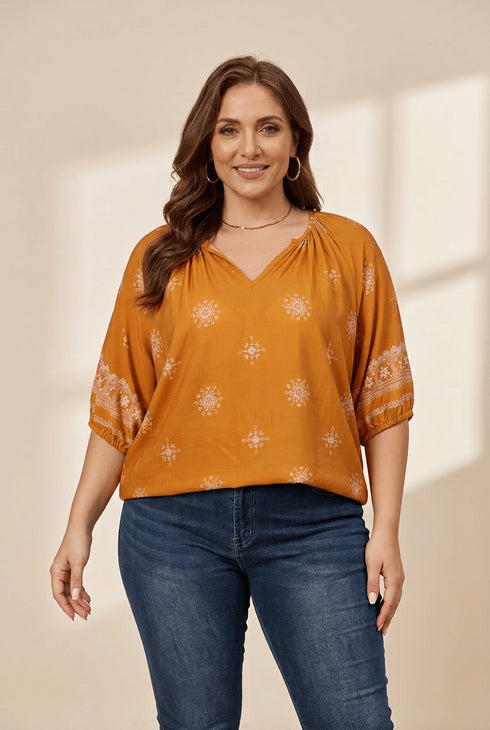 Women's Plus Size Ochre Boho Viscose Blouse with Notched V-Neck