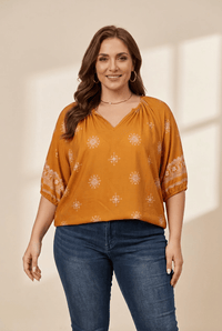 Women's Plus Size Ochre Boho Viscose Blouse with Notched V-Neck