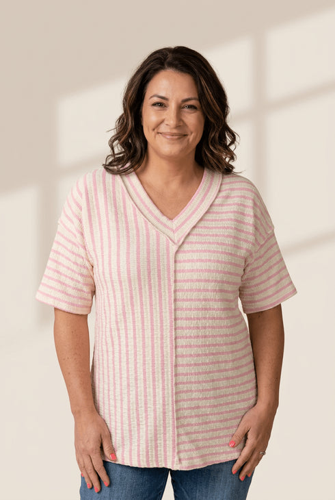 Women's Plus Size Pink Striped V-Neck Patchwork Tee
