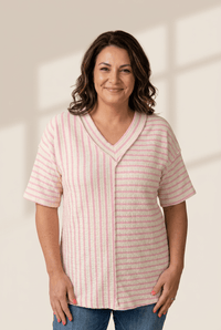 Women's Plus Size Pink Striped V-Neck Patchwork Tee