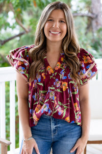 Red Plus Size Ruffled Short Sleeve Floral Top