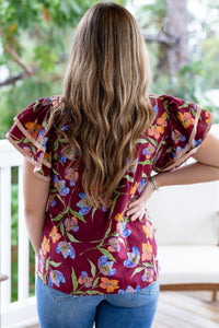 Red Plus Size Ruffled Short Sleeve Floral Top