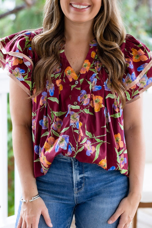Women's Plus Size Cotton Floral Flutter Sleeve Blouse in Burgundy