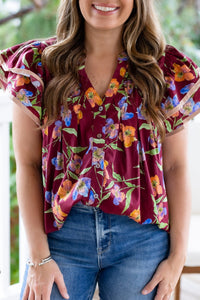 Women's Plus Size Cotton Floral Flutter Sleeve Blouse in Burgundy