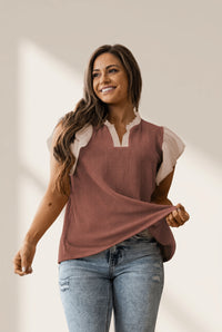 Women's Plus Size Rose Pink Ribbed Blouse with Contrast Frill Neck