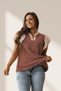 Women's Plus Size Rose Pink Ribbed Blouse with Contrast Frill Neck