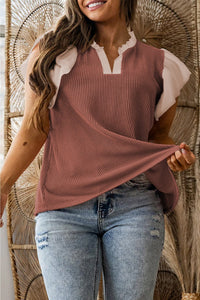 Rose Pink Plus Size Contrast Frilled Neckline Ruffled Short Sleeve Ribbed Textured Blouse