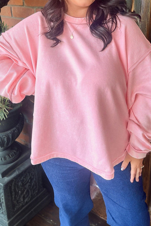 Women's Plus Size Rose Pink Ribbed Drop Shoulder Pullover