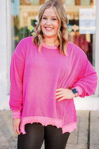 Rose Red Drop Shoulder Uneven Hem Plus Size Twisted Rib Top