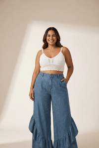 Women's Plus Size Ruffled Wide Leg Denim Pants in Dirty Blue