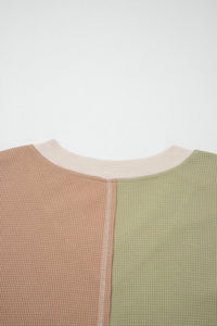 Green Plus Mixed Texture Color Block Patchwork V Neck Long Sleeve Top