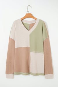 Green Plus Mixed Texture Color Block Patchwork V Neck Long Sleeve Top