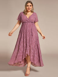 Plus Size Short Sleeve Ruffled V-Neck A-Line Lace Evening Dress