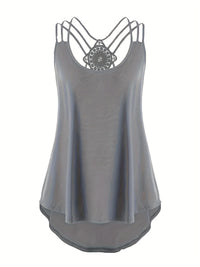 Plus Size Solid Contrast Lace Criss Cross Cami Top, Women's Plus Slight Stretch Casual Top