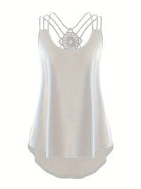 Plus Size Solid Contrast Lace Criss Cross Cami Top, Women's Plus Slight Stretch Casual Top