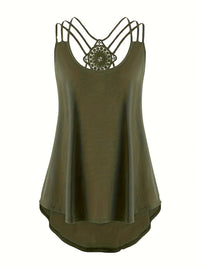 Plus Size Solid Contrast Lace Criss Cross Cami Top, Women's Plus Slight Stretch Casual Top