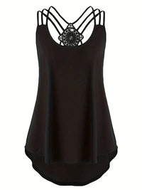Plus Size Solid Contrast Lace Criss Cross Cami Top, Women's Plus Slight Stretch Casual Top