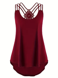 Plus Size Solid Contrast Lace Criss Cross Cami Top, Women's Plus Slight Stretch Casual Top