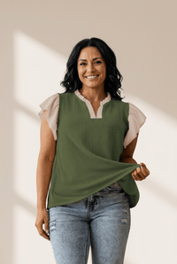 Women's Plus Size Vineyard Green Ribbed Blouse with Contrast Ruffles