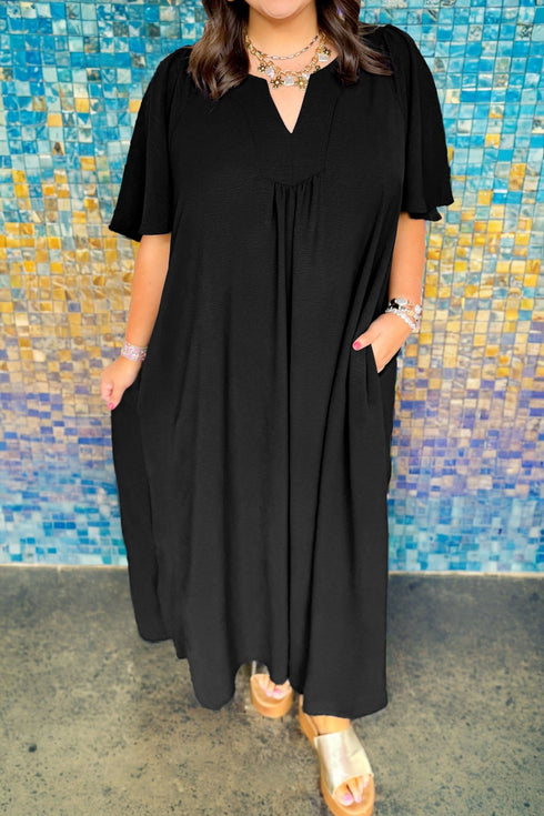 women's plus size women's black casual short sleeve dress with notched neck - comfortable and stylish for any occasion with practical styling and
