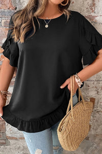 Plus Size Women's Black Ruffle Trim Petal Sleeve Tee - Chic, Comfortable Top for Everyday Style and Effortless Fashion