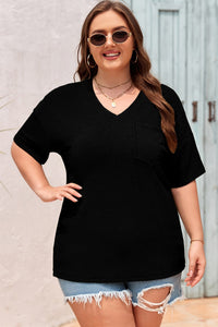 Women's Plus Size Women's Black Textured V-Neck Tee with Dropped Shoulders for Effortless Casual Chic