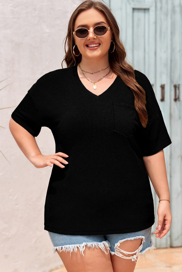 Women's Plus Size Women's Black Textured V-Neck Tee with Dropped Shoulders for Effortless Casual Chic