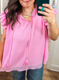 Women's Plus Size Bonbon Pink Textured V-Neck Blouse with Ruffle Sleeves