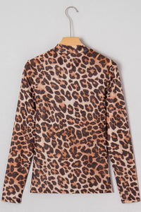 Brown Plus Size Mock Neck Leopard Mesh Top
