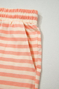 Pink Stripe Drop Shoulder T Shirt and Shorts Plus Size Summer Set