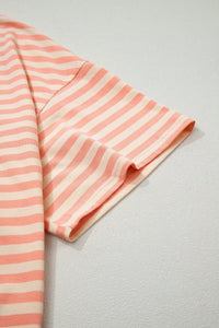 Pink Stripe Drop Shoulder T Shirt and Shorts Plus Size Summer Set