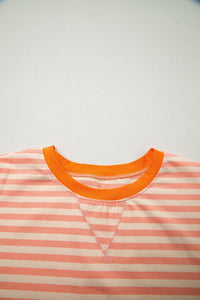 Pink Stripe Drop Shoulder T Shirt and Shorts Plus Size Summer Set
