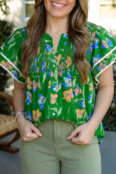 Women's Plus Size Green Floral Cotton Blouse with Ruffle Sleeves