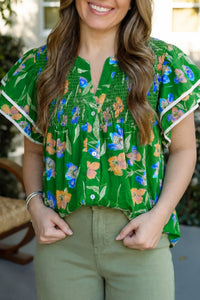 Women's Plus Size Green Floral Cotton Blouse with Ruffle Sleeves