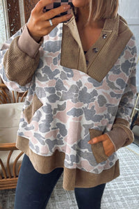 Women's Plus Size Khaki Camouflage Waffle Knit Half Zip Hoodie with Patchwork Design