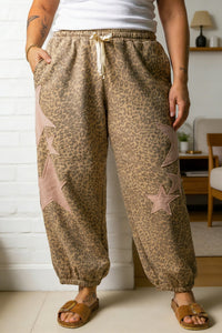 Plus Size Women's Khaki Leopard Print Jogger Pants with Western Star Patches - Stylish & Comfortable Fit