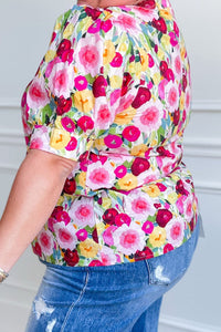 Pink Plus Size Flower Print Split V Neck Puff Short Sleeve Top