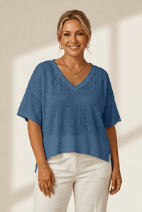 Women's Plus Size Women's Sky Blue Pointelle V-Neck Knit Top - Relaxed Fit with Rhombus Design for Effortless Everyday Chic