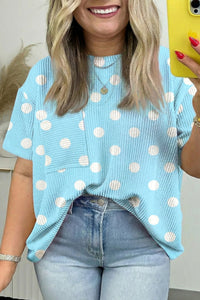 Plus Size Women's Sky Blue Polka Dot Twisted Rib Tee - Stylish & Comfortable Top for Casual or Dressy Occasions