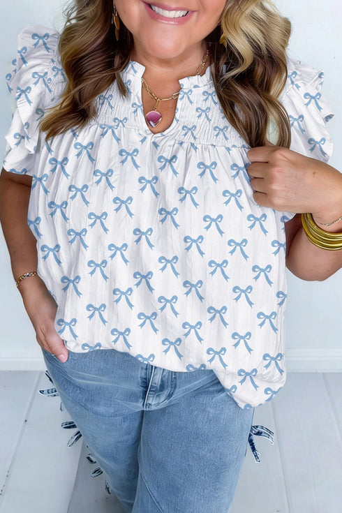 Women's Plus Size Women's Sky Blue Ruffled Bow Short Sleeve Blouse – Effortlessly Stylish Summer Top for Elegant Looks