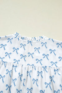 Sky Blue Ruffled Short Sleeve Plus Size Bow Top