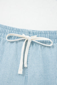 Sky Blue Stripe Plus Size Contrast Drawstring Elastic Waist Denim Shorts