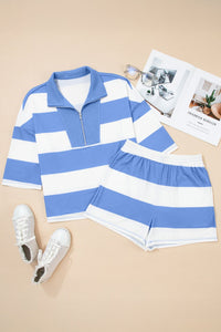 Sky Blue Stripe Drop Shoulder Zipped Collar T Shirt Plus Size Shorts Set