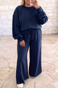 Women's Plus Size Blue Polka Dot Long Sleeve Top & Pants Set