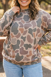 Plus Size Women's Stylish Multicolor Camo Ribbed Mock Neck Sweatshirt - Comfort Fit for Casual Everyday Fashion