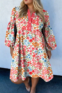 Women's Floral Puff Sleeve Empire Waist Mini Dress with Henley Neck