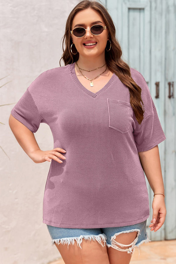 Women's Plus Size Women's Valerian Textured V-Neck T-Shirt with Dropped Shoulders in Cozy Fit and Stylish Design