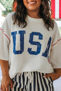 Women's Plus Size Women's Vintage White Twisted Rib T-Shirt with USA Graphic - Casual, Stylish Fit for Everyday Wear