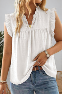 Women's Plus Size White Swiss Dot Ruffle Lace V-Neck Blouse