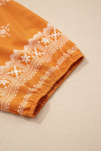 Yellow Boho Chic Notched V Neck Plus Floral Short Sleeve Top